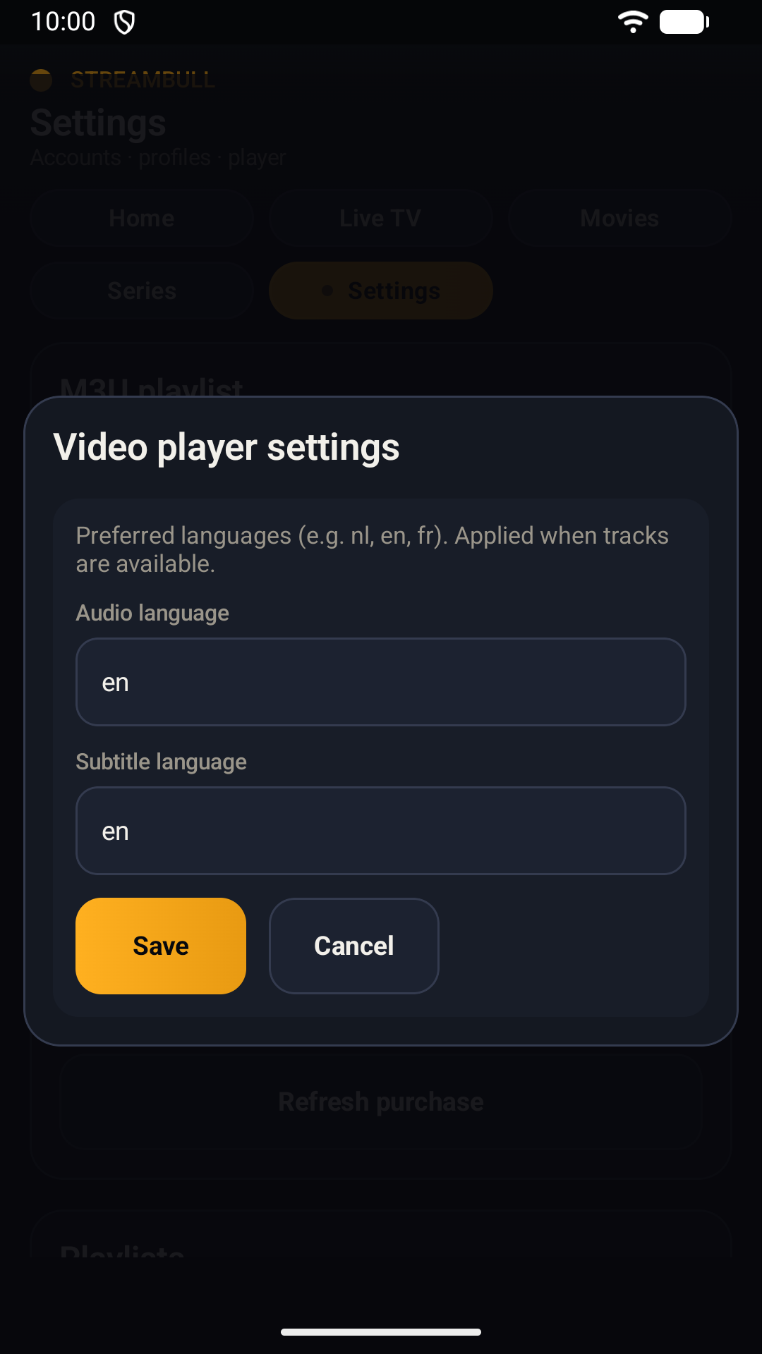 StreamBull player settings for preferred audio and subtitle languages on an Android phone