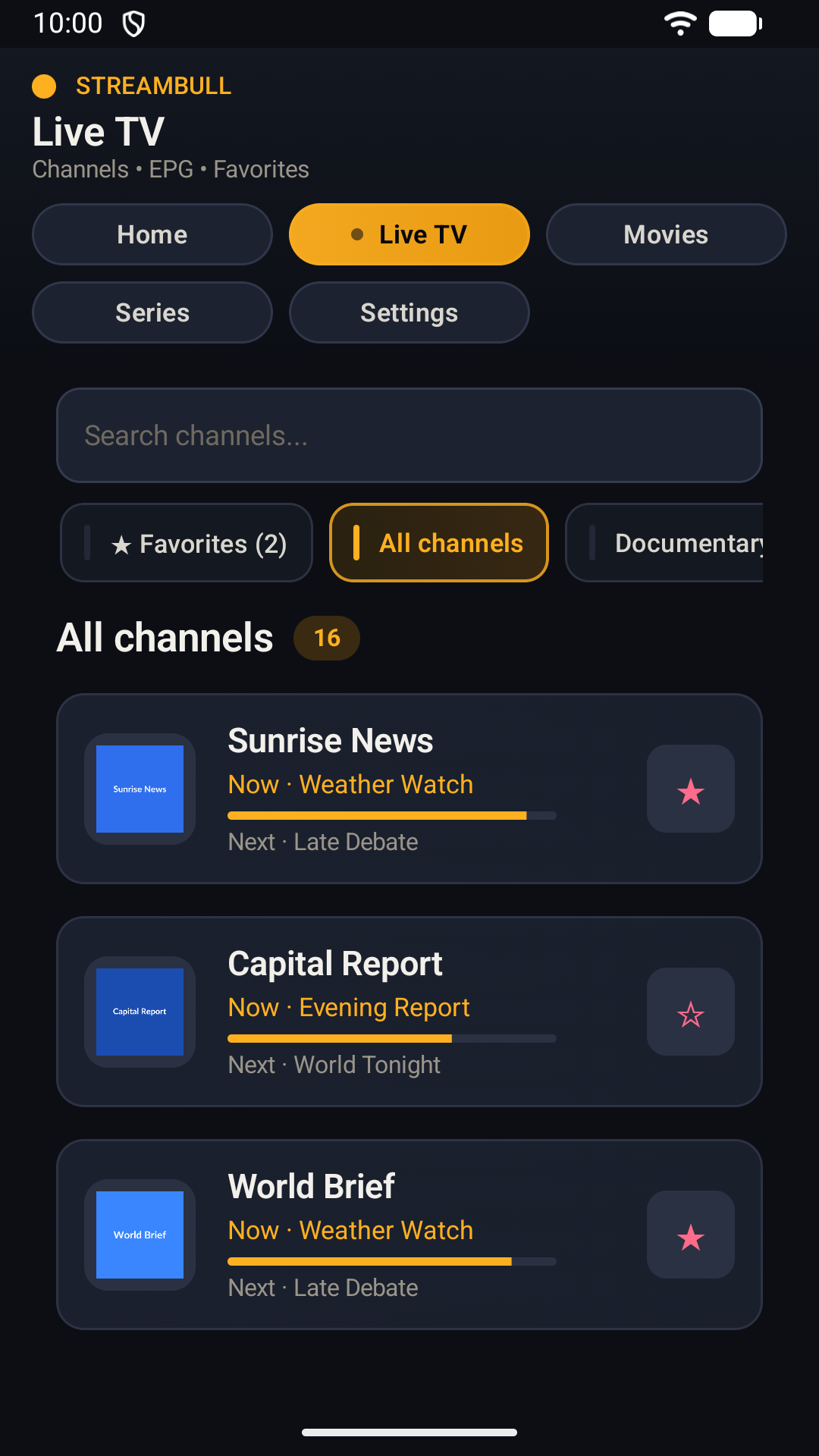 StreamBull live TV list with search, favourites and programme guide data from a demo playlist