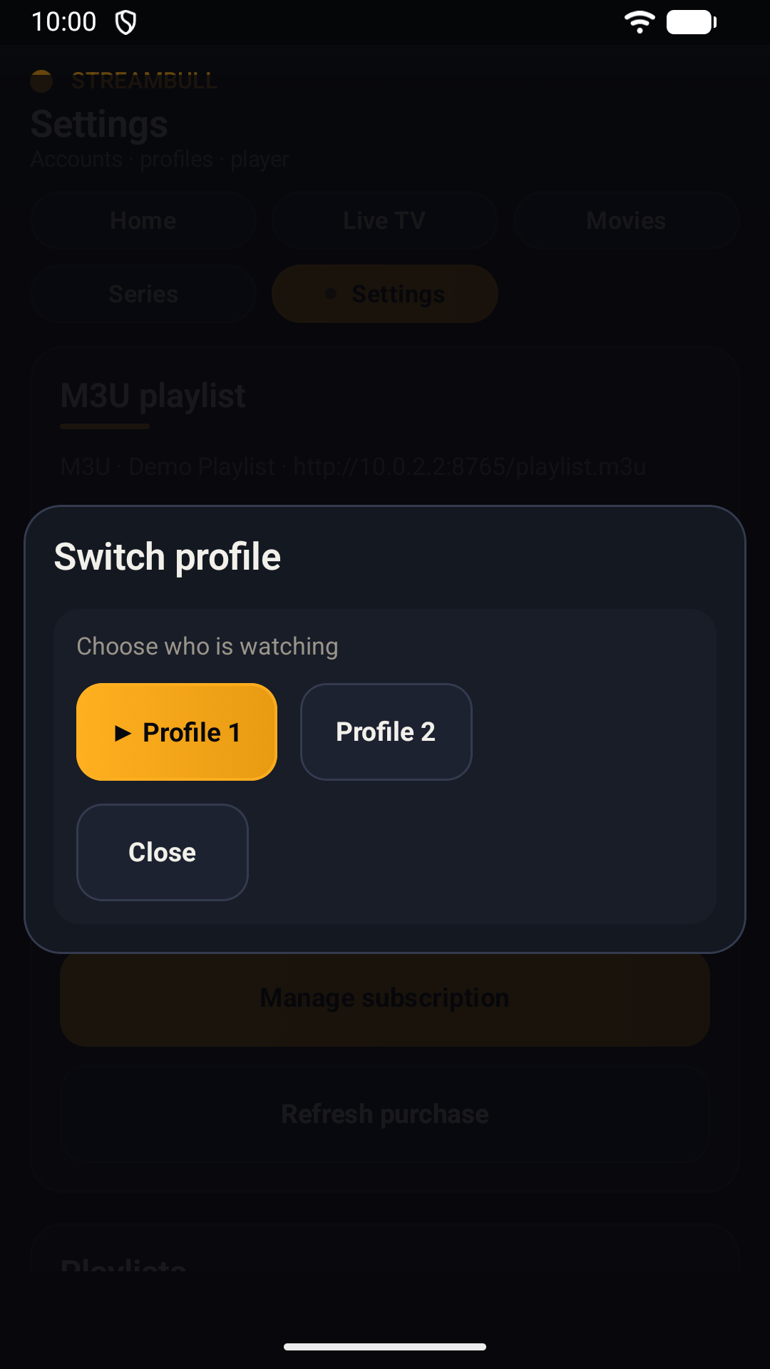 StreamBull profile switcher with Profile 1 and Profile 2 on an Android phone