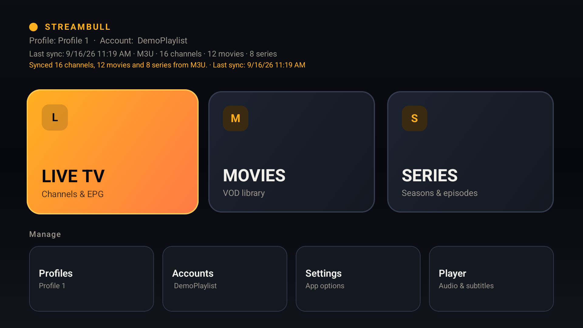 StreamBull Android TV home screen showing the live TV, movies and series sections with a demo playlist