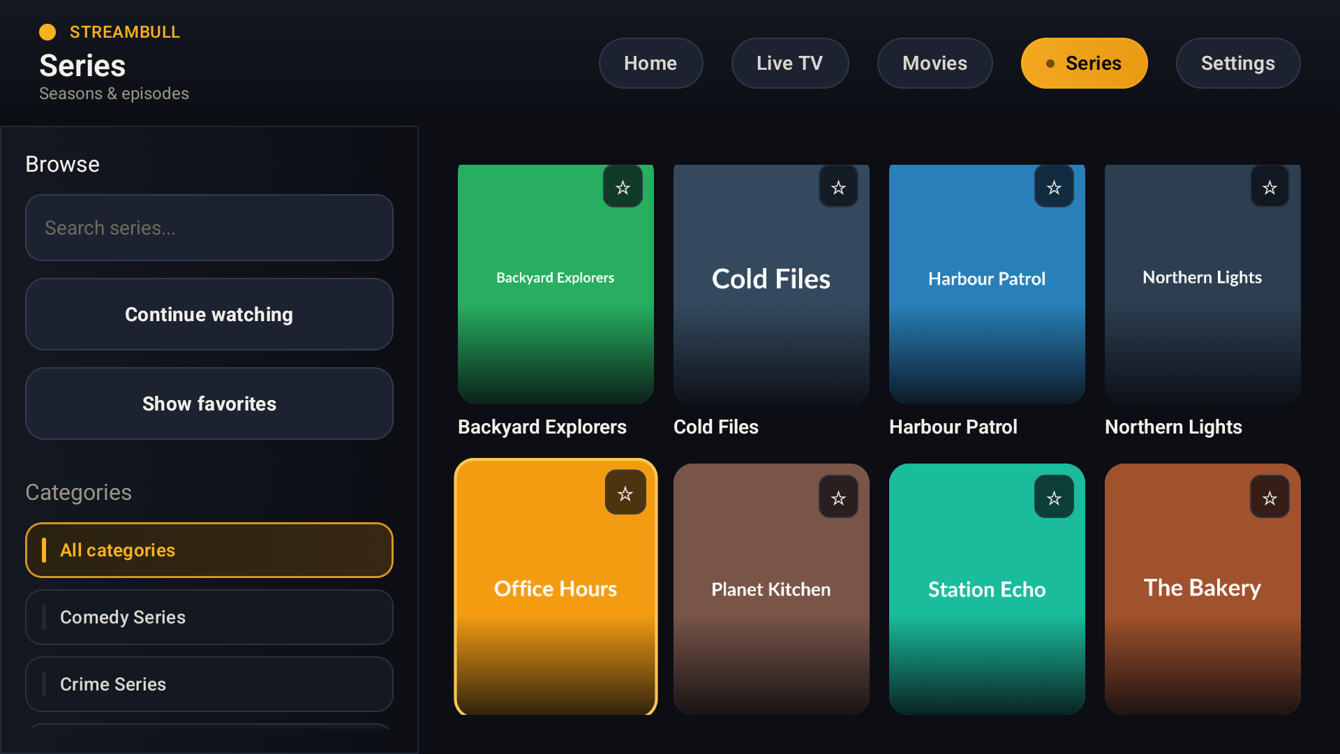 StreamBull series library on Android TV with a search field, filters and a focused title from a demo playlist